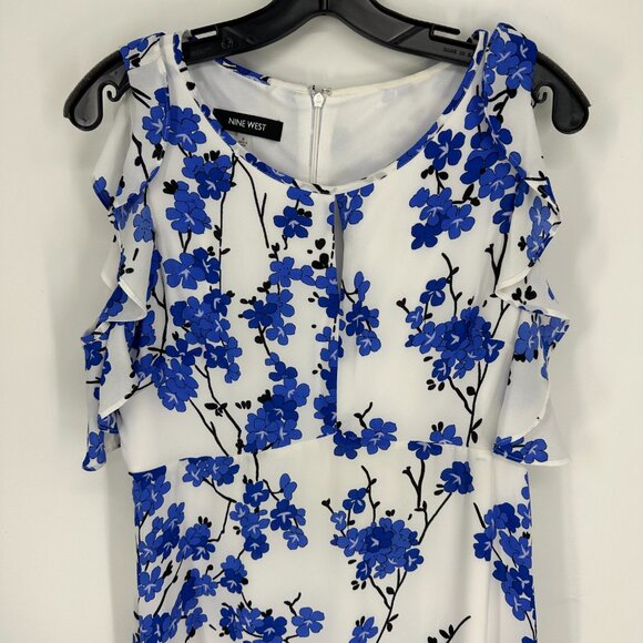 Nine West Floral Dress A Line Cold Shoulder Ruffle Cocktail Blue White - Picture 5 of 10
